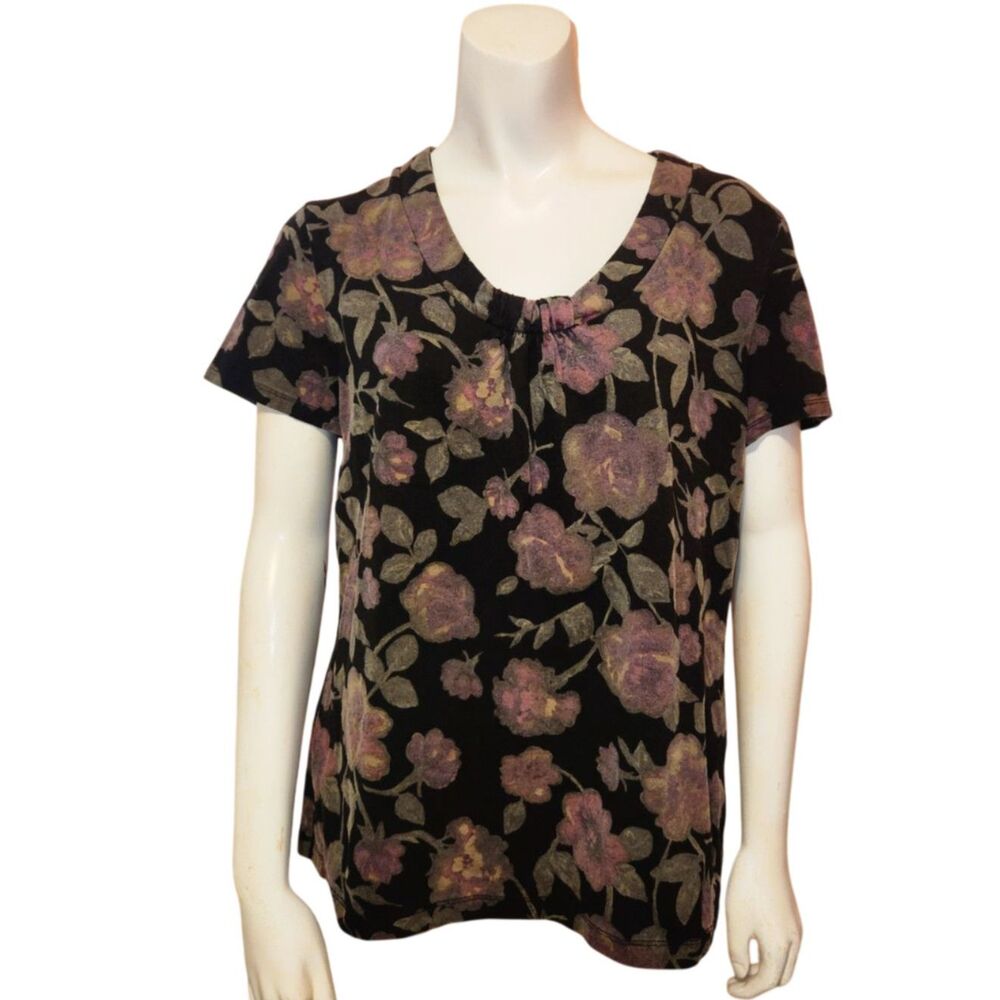 Croft and Barrow Black and Rose Printed Short Sleeve Blouse Womens Size Large